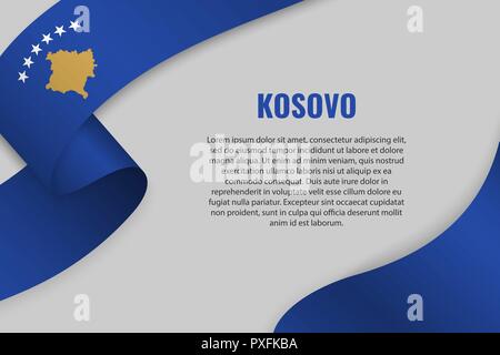 Waving ribbon or banner with flag of Kosovo. Template for poster design Stock Vector