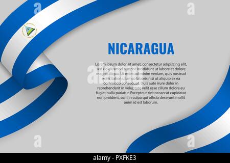 Waving ribbon or banner with flag of Nicaragua. Template for poster design Stock Vector