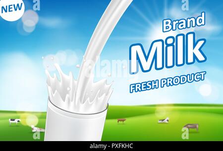 Milk pouring down with splash isolated on bokeh background with green grass. Milk products package design. dairy Vector illustration Stock Vector