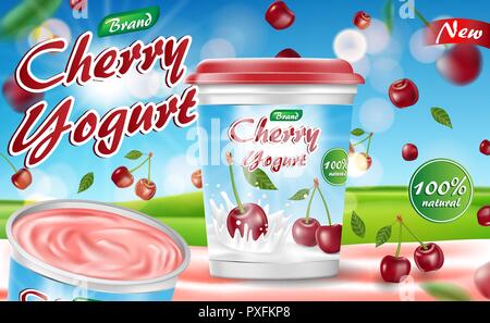 Cherry yogurt isolated design. Food yogurt container package ad. Realistic ripe cherry 3d Vector illustration Stock Vector