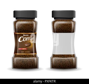 Instant coffee glass jar with coffee granules. Product package template design isolated on white. Vector 3d illustration Stock Vector