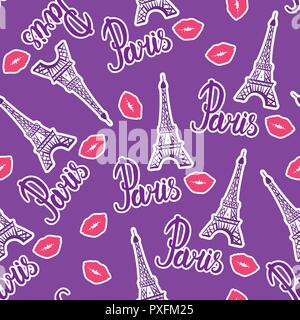 Bright design print fabric. Seamless pattern. Illustration purple ink Eiffel Tower and kiss lips. Abstract ornament with sticker hand drawing. Vector illustration is isolated on a purple Stock Vector