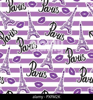 Bright design print fabric. Seamless pattern. Illustration purple ink Eiffel Tower and kiss lips. Abstract ornament hand drawing. Vector illustration is isolated on a purple white striped Stock Vector