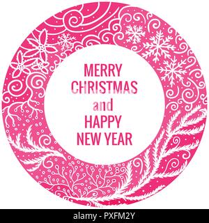 Card Merry Christmas and Happy New Year. Round frame hand drawn pink color ornaments. Vector illustration isolated on white background. Stock Vector