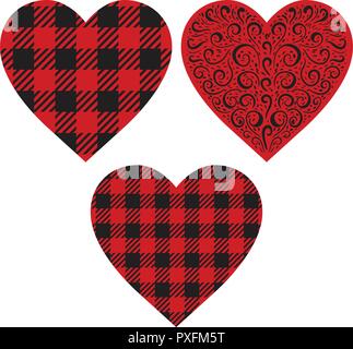 Vector Set Cell Heart backgrounds red and black color. Abstract checkered backdrop fashion cloth cage. Stock Vector