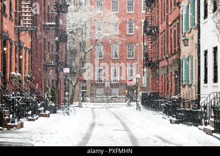 Snowy winter scene on Gay Street in the Greenwich Village neighborhood of Manhattan in New York City Stock Photo