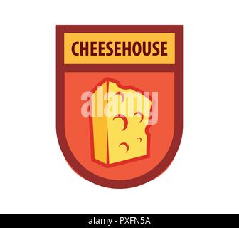 Vector Emblem for Cafe or Cheese Store and Dairy Farm productions. Logo illustration isolated on white backgound. Stock Vector