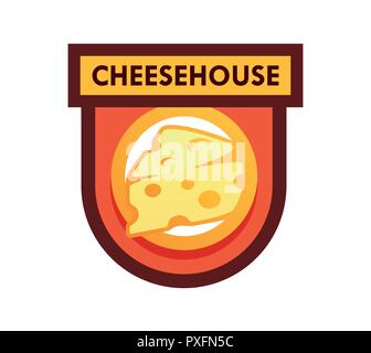 Vector Logo for Cafe or Cheese Shop and Dairy Farm Productions. Emblem illustration isolated on white backgound. Stock Vector
