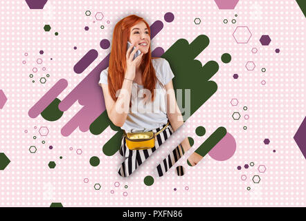 Student wearing stylish clothes standing ahead of colorful graphic background Stock Photo