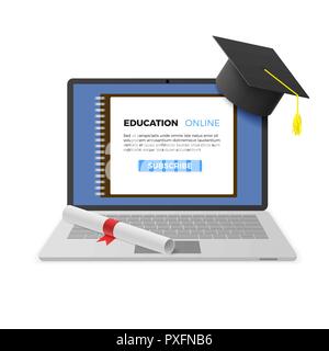 Education Online Concept. Notebook with Graduation Cap and Diploma and Education Online Text on Screen. Distant learning technology. Vector illustrati Stock Vector