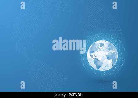 Global network. World map point and lines and triangles. Point connecting network. Vector Illustration on blue background Stock Vector