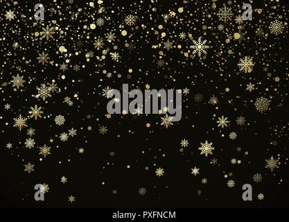Falling Golden Snowflakes isolated on darck background. New Year nad Christmas decorative pattern. Vector illustration Stock Vector