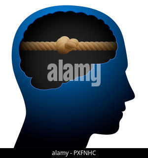 Knot head. Mental block. Thinking barrier. Symbolized with a knotted rope in the brain of a young person. Stock Photo