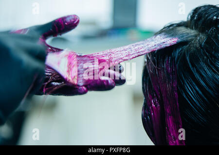 Professional hairdresser dyeing hair. Multicolor Stock Photo