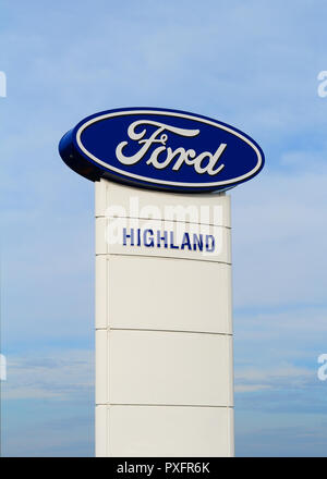 WESTVILLE, CANADA - JUNE 11, 2017: Ford dealer sign. Ford Motor Company, or simply Ford, is an American automobile manufacturer with it's headquarters Stock Photo