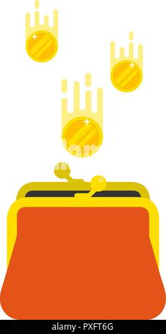 Gold coins dropping into a purse. Cashback or money refund. Saving money concept. Isolated vector illustration on white background. Stock Vector