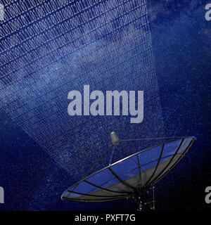 Conceptual image of a satellite dish antenna over night sky with abstract light manipulation and binary code Stock Photo
