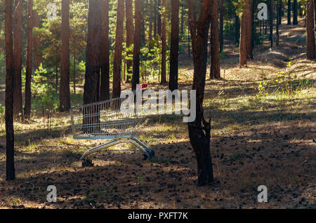 Empty Steel Supermarket Shopping Cart With Red Handles At The Forest Clearing, Deep In A Wood.  Minimalist Living. Protect Global Environment Concept