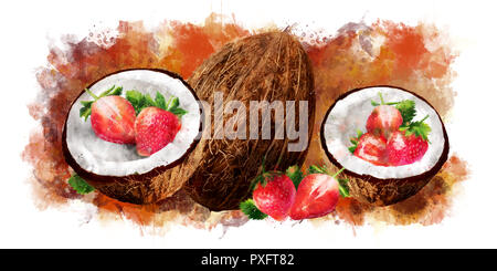 Watercolor coconut and strawberry on white background Stock Photo