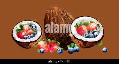 Watercolor coconut, blueberries and strawberry on white background Stock Photo