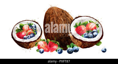 Watercolor coconut, blueberries and strawberry on white background Stock Photo