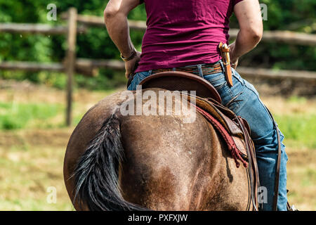 Horse rider with knife and blue jeans. Scenes from a rodeo and equestrian show, warming up phase, details of saddles, clothing, stirrups and brown hor Stock Photo