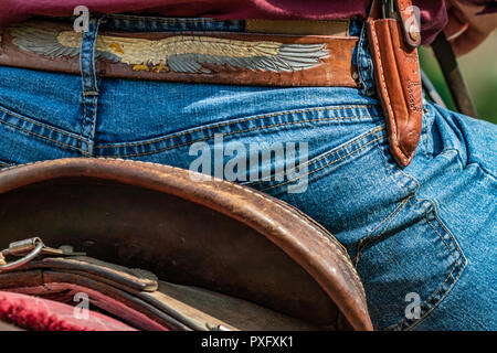 Horse rider with knife and blue jeans. Scenes from a rodeo and equestrian show, warming up phase, details of saddles, clothing, stirrups and brown hor Stock Photo