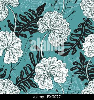 Botanical illustration. Hand Drawn flowers and plants. Monochrome vector illustrations in sketch style. Elegant Seamless vintage Pattern. Stock Vector