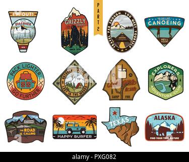 Vintage hand drawn travel badges set. Camping labels concepts. Mountain expedition logo designs. Outdoor hike emblems. Camp logotypes collection. Stock vector patches isolated on white background. Stock Vector