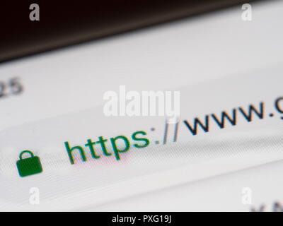 Closeup on smartphone display screen with https and www url. Security concept in search engine and web browser address. Hyper Text Transfer Protocol S Stock Photo