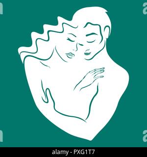 Gentle hugs of man and woman as logo of strong and reliable love, white hand drawing vector on the turquoise background Stock Vector