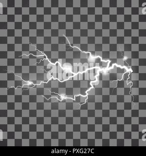 Lightning flash light thunder spark on transparent background. Vector spark lightning or electricity blast storm or thunderbolt in sky. Natural phenom Stock Vector