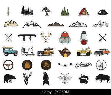 Vintage hand drawn adventure symbols, hiking, camping shapes of backpack, wild animals, canoe, surf car, backpack. Retro monochrome design. For t shirts, prints. Stock silhouette icons isolated Stock Vector