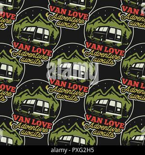 Vintage hand drawn travel seamless. Van life Adventure pattern concepts. Stock vector camping wallpaper Stock Vector