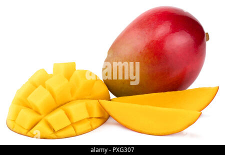 Mango fruit with mango cubes and slices. Isolated on a white background. Stock Photo