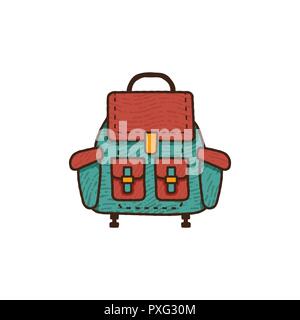 Flat backpack icon. Unique retro camping design. Vintage hand drawn travel equipment badge, patch. Stock vector backpacking gear emblem isolated on white background Stock Vector
