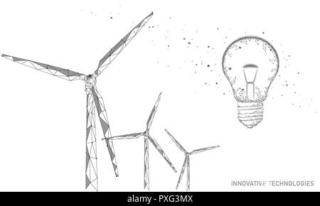 Light bulb windmills idea business concept. Ecology save environment wind green energy sustainable power. Eco global planet solution. White low poly polygonal 3D triangle vector illustration art Stock Vector