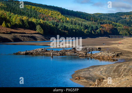 The ruins of Derwent village exposed due to low water levels in Derwent Valley in the Peak District, UK Stock Photo