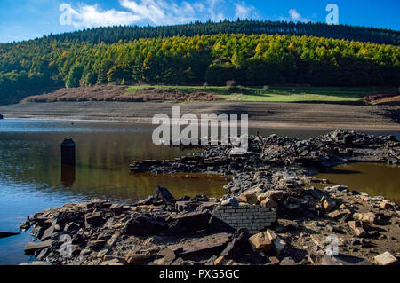 The ruins of Derwent village exposed due to low water levels in Derwent Valley in the Peak District, UK Stock Photo