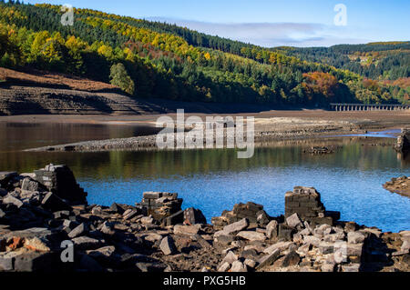 The ruins of Derwent village exposed due to low water levels in Derwent Valley in the Peak District, UK Stock Photo