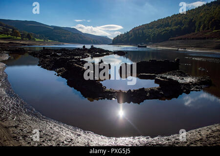 The ruins of Derwent village exposed due to low water levels in Derwent Valley in the Peak District, UK Stock Photo