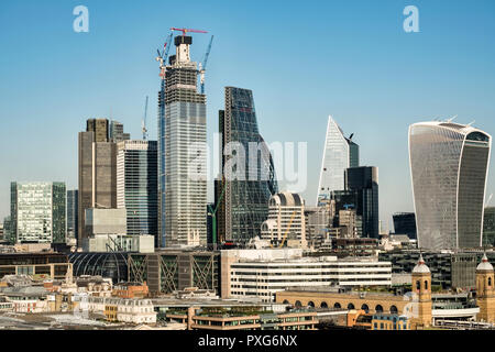 London, UK. View from the top floor of the Tate Modern gallery on Bankside, showing high-rise office buildings in the financial district of the City Stock Photo