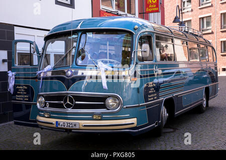 Mercedes-Benz oldtimer bus model O 321 H on the Heumarkt, booked for a wedding, Cologne, Germany.  Mercedes-Benz Oldtimer Reisebus Model O 321 H auf d
