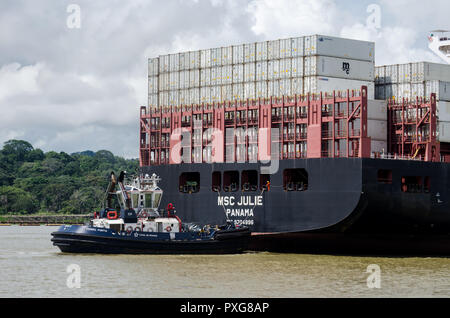 Cargo ship transiting Panama Canal Stock Photo