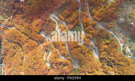 autumn mountain zigzag road view from above