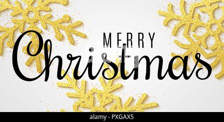 Luxury snowflakes with gold glitters. Black calligraphic text. Background for Happy New Year and Merry Christmas. Vector illustration. EPS 10 Stock Vector