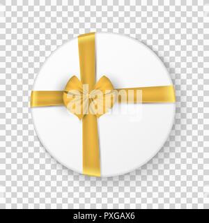 Gift closed white box with a gold bow on a transparent background. Christmas gift. Top view. Festive element. Vector illustration. EPS 10 Stock Vector