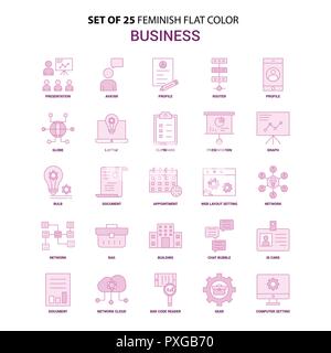 Set of 25 Feminish Business  Flat Color Pink Icon set Stock Vector