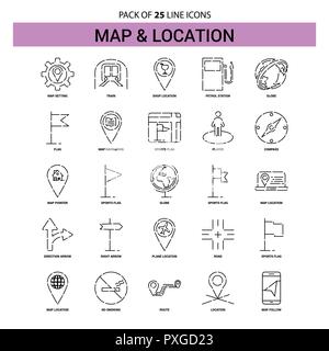 Map and Location Line Icon Set - 25 Dashed Outline Style Stock Vector