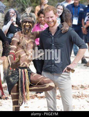 The Duke of Sussex with aboriginal man Joe Gala at McKenzie's Jetty on Fraser Island, on day seven of the Duke and Duchess of Sussex's visit to Australia. Stock Photo